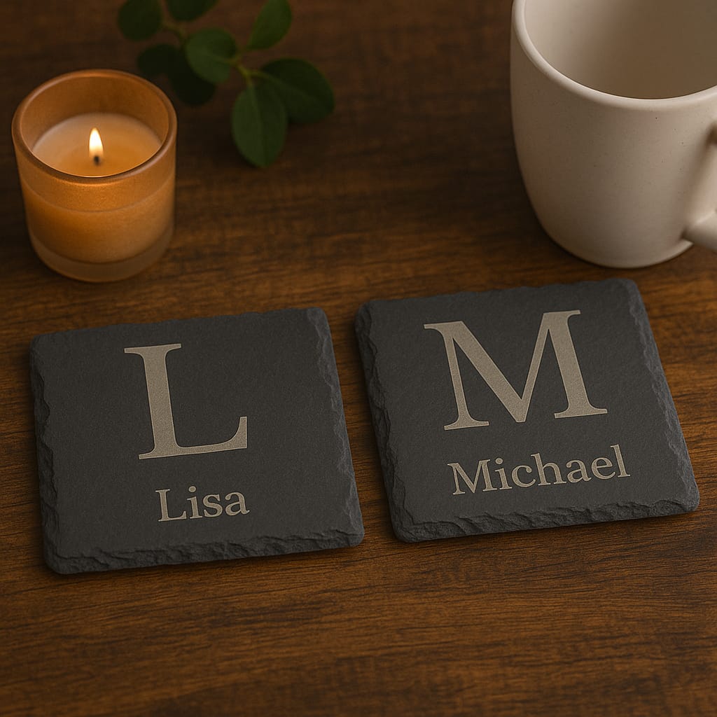 Personalised Slate Coaster with Initial & Name – Laser Engraved Gift for Wedding, Birthday, Anniversary Christmas Present
