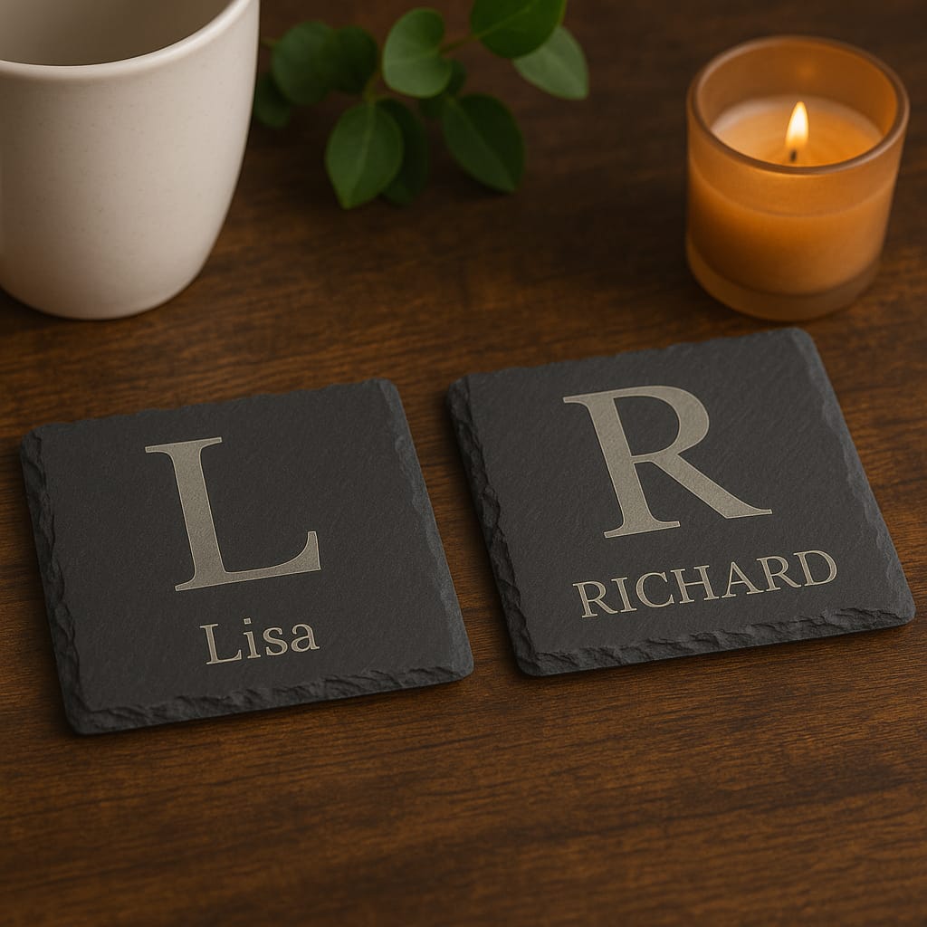 Personalised Slate Coaster with Initial & Name – Laser Engraved Gift for Wedding, Birthday, Anniversary Christmas Present
