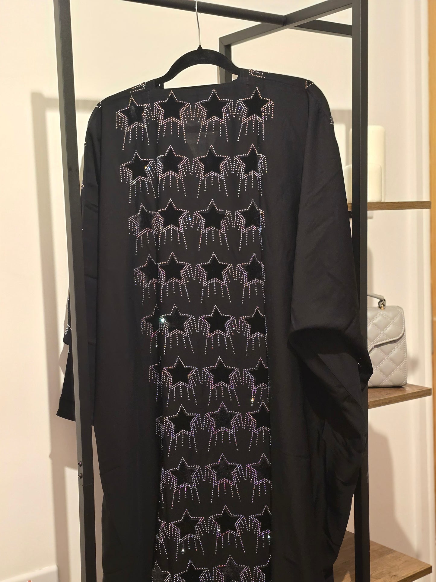Elegant Black Abaya with Starry Rhinestone Design Includes Coordinated Head Scarf Dubai Style Abaya for Women
