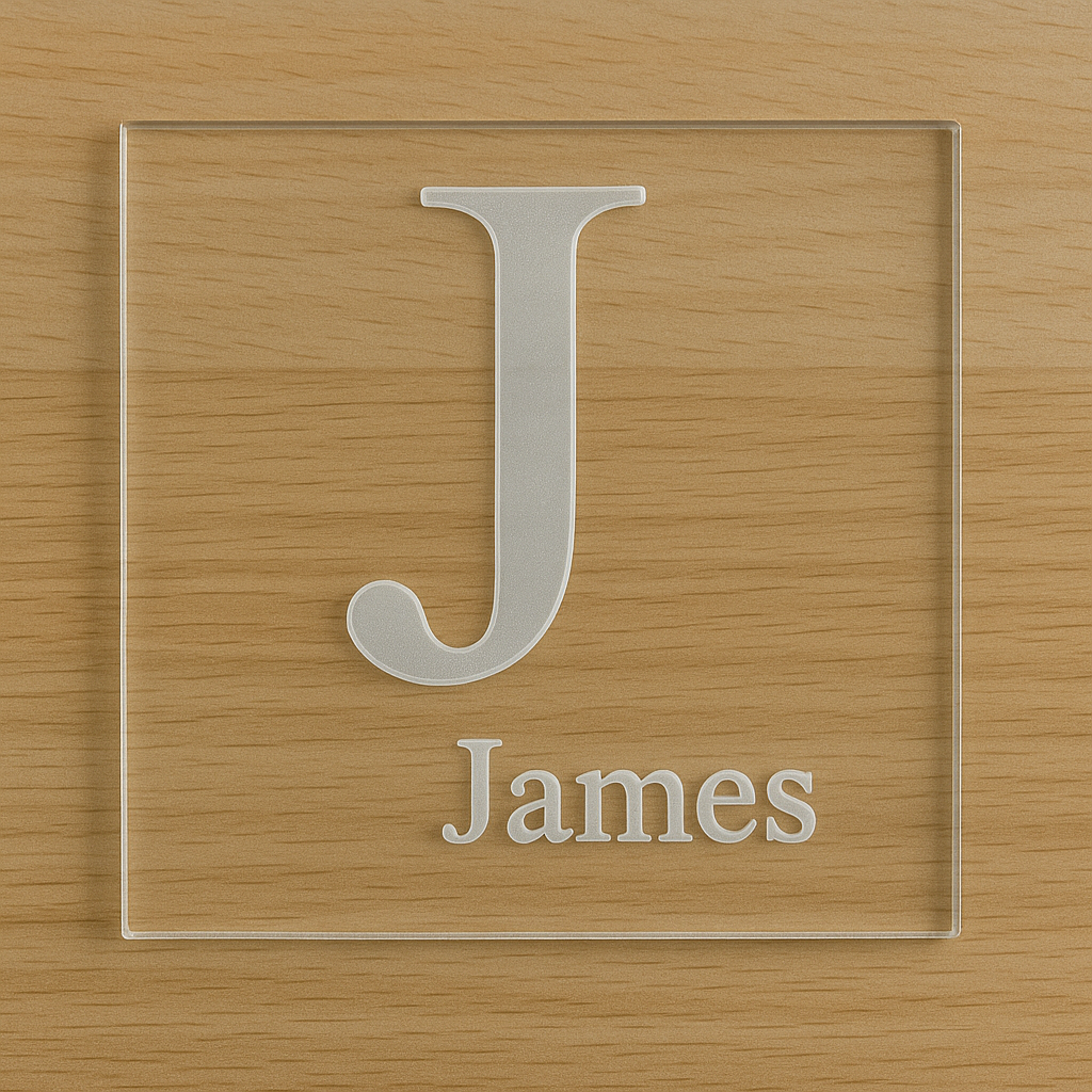 Custom Initial Name Coaster – Laser Engraved Glass Look Acrylic – Personalised Gift for Home, Wedding, Birthday, Office Desk