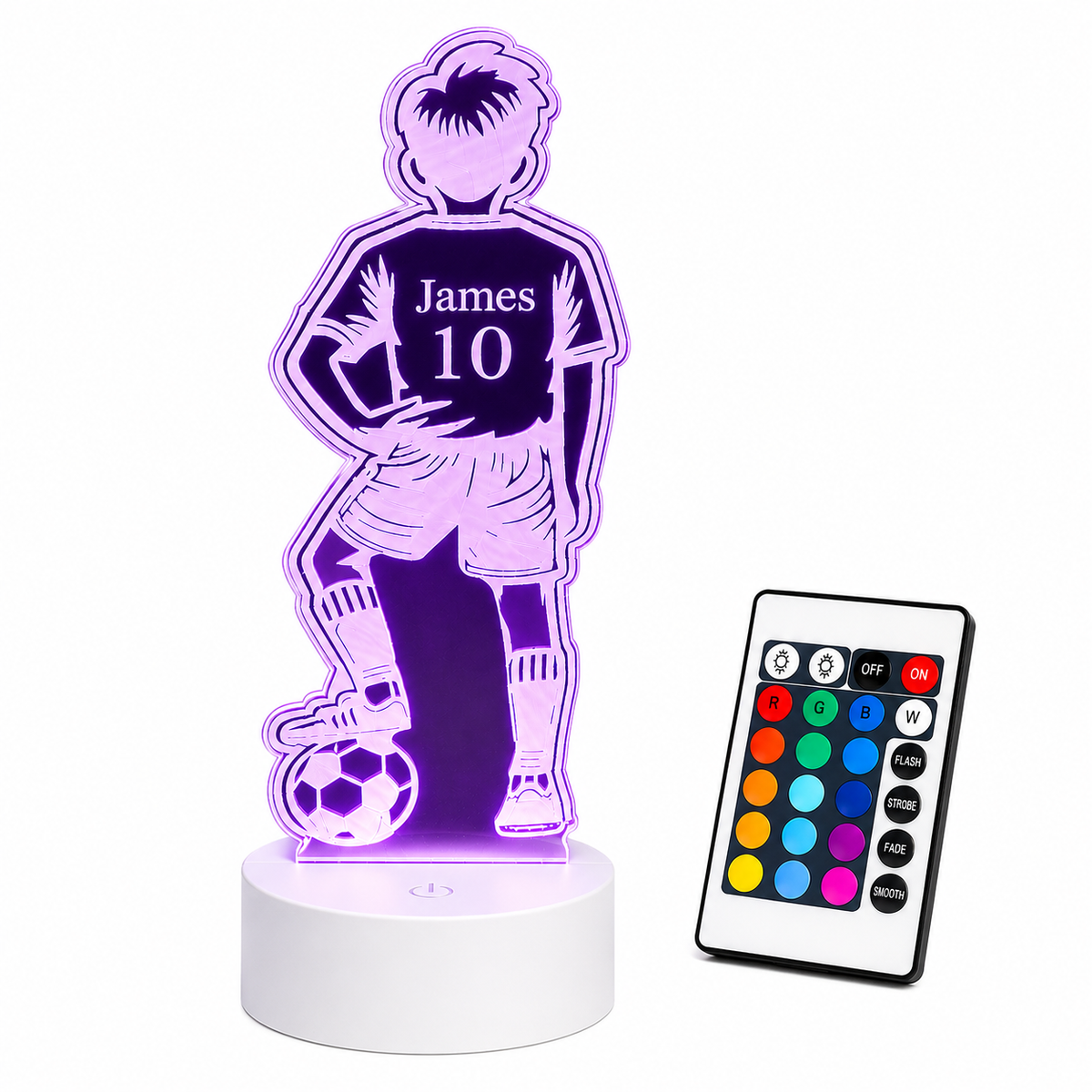 Personalised 3D Footballer LED Lamp, Custom Name Boys Bedroom Light, Remote Control Night Light