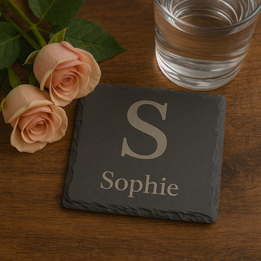 Personalised Slate Coaster with Initial & Name – Laser Engraved Gift for Wedding, Birthday, Anniversary Christmas Present