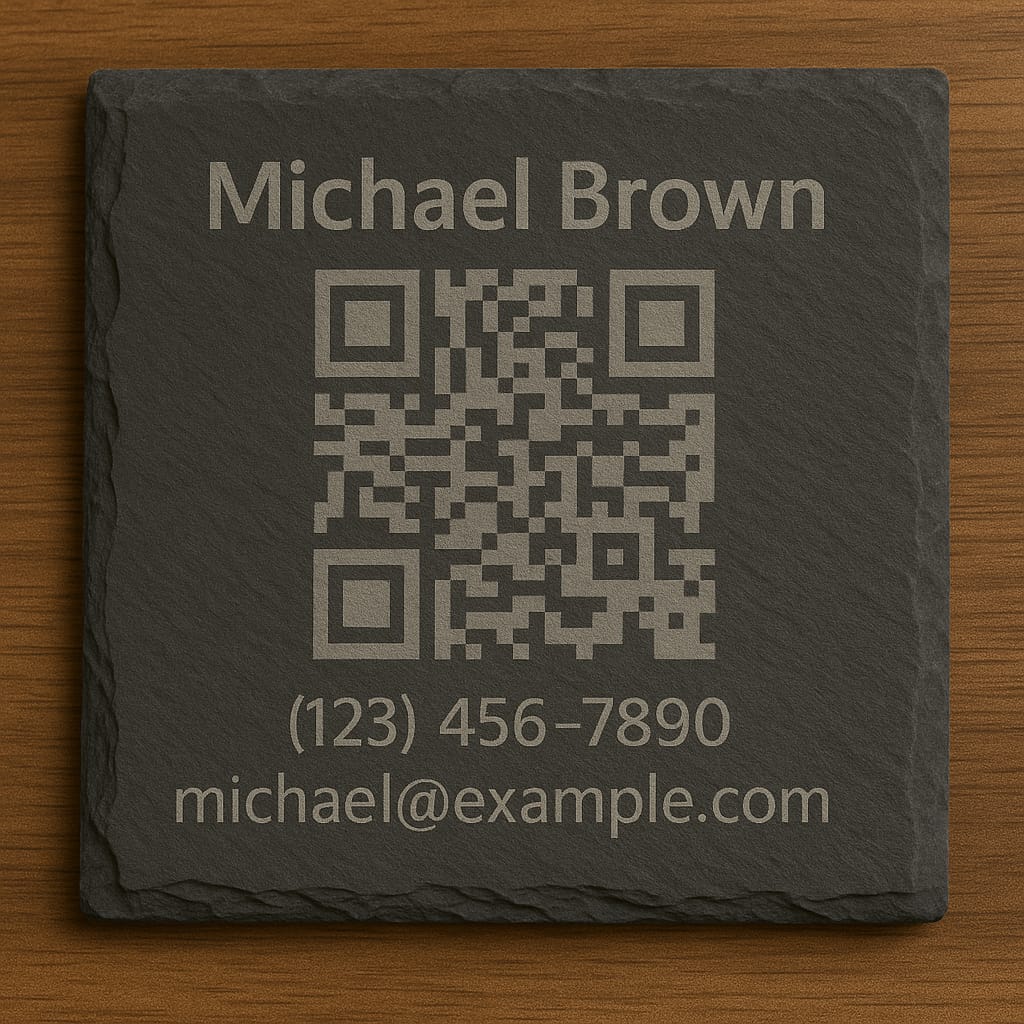 Custom Contact QR Code Slate Coaster – Personalized Engraved Networking Gift for Professionals & Business Owners