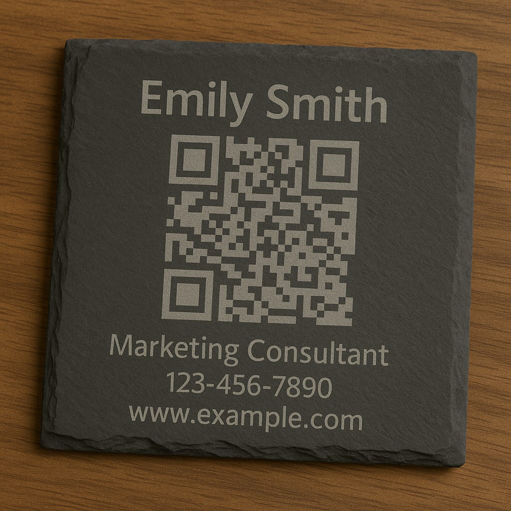 Custom Contact QR Code Slate Coaster – Personalized Engraved Networking Gift for Professionals & Business Owners