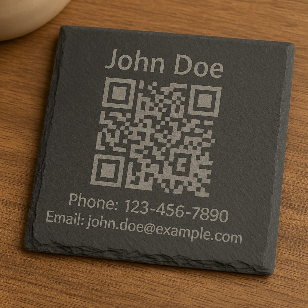 Custom Contact QR Code Slate Coaster – Personalized Engraved Networking Gift for Professionals & Business Owners