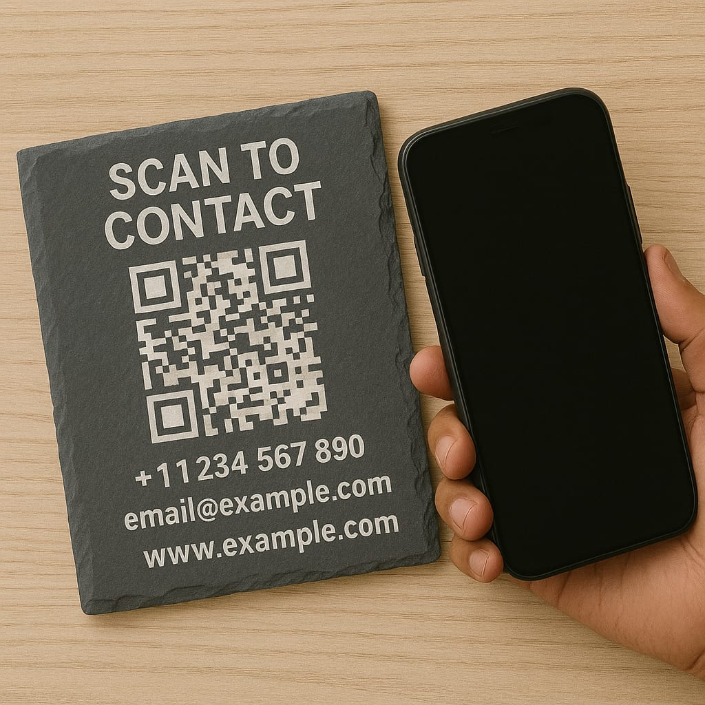 Custom Contact QR Code Slate Coaster – Personalized Engraved Networking Gift for Professionals & Business Owners