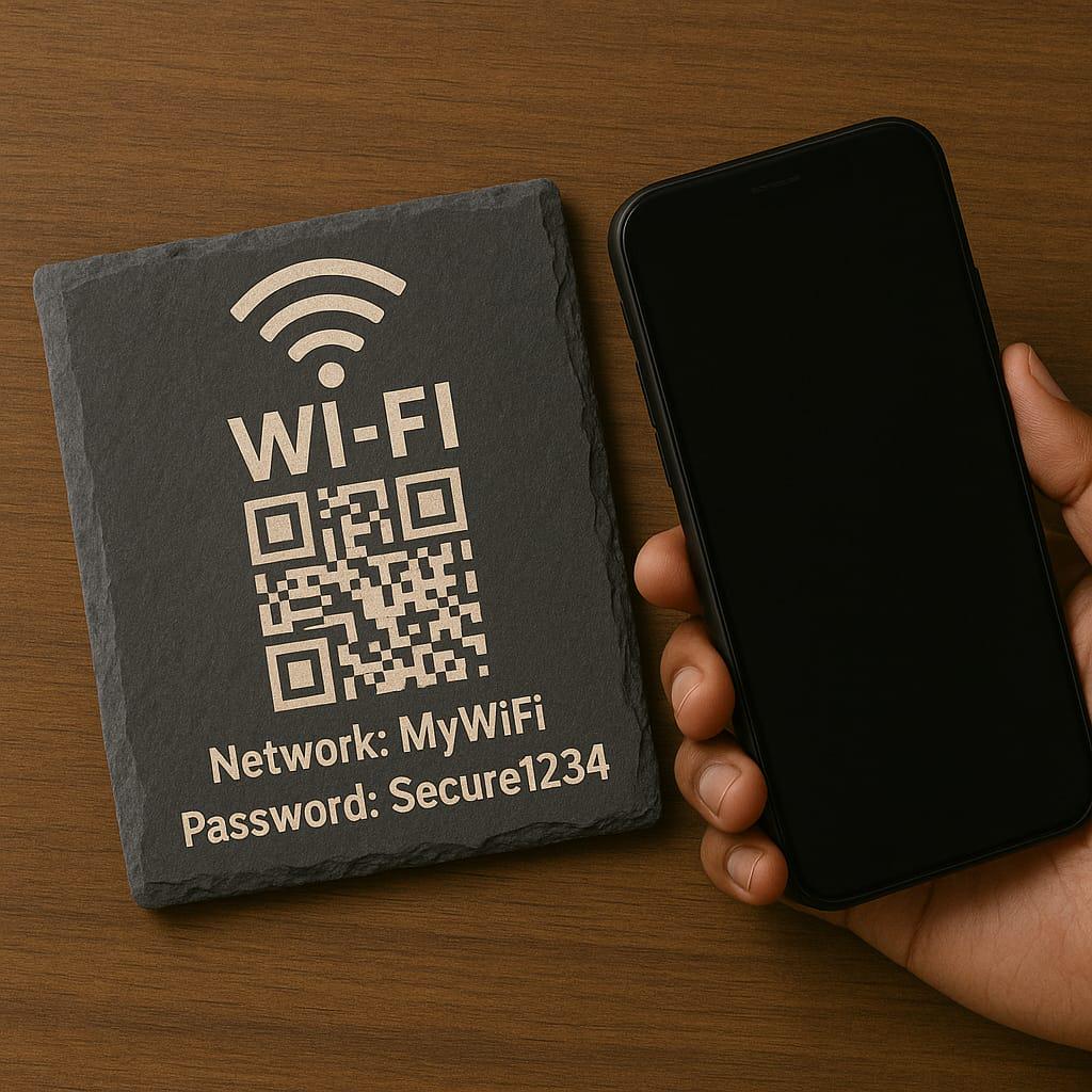 Engraved WiFi QR Code Slate Coaster – Scan to Connect