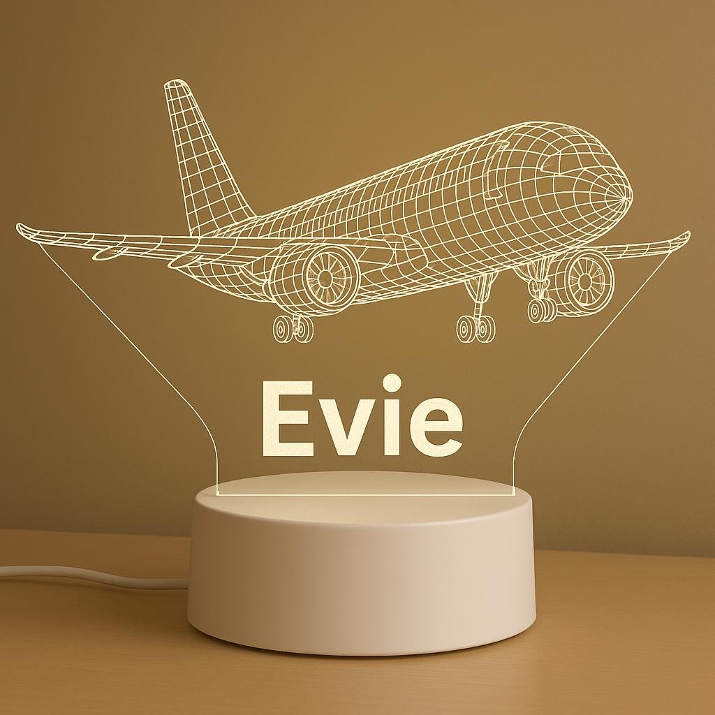Custom Airplane Wireframe Night Light – Personalized LED Lamp with Name, Aviation Decor