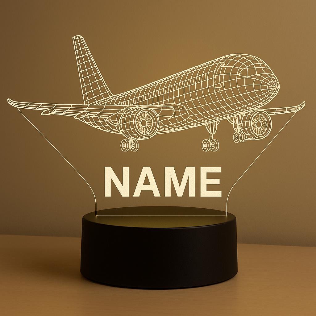 Custom Airplane Wireframe Night Light – Personalized LED Lamp with Name, Aviation Decor