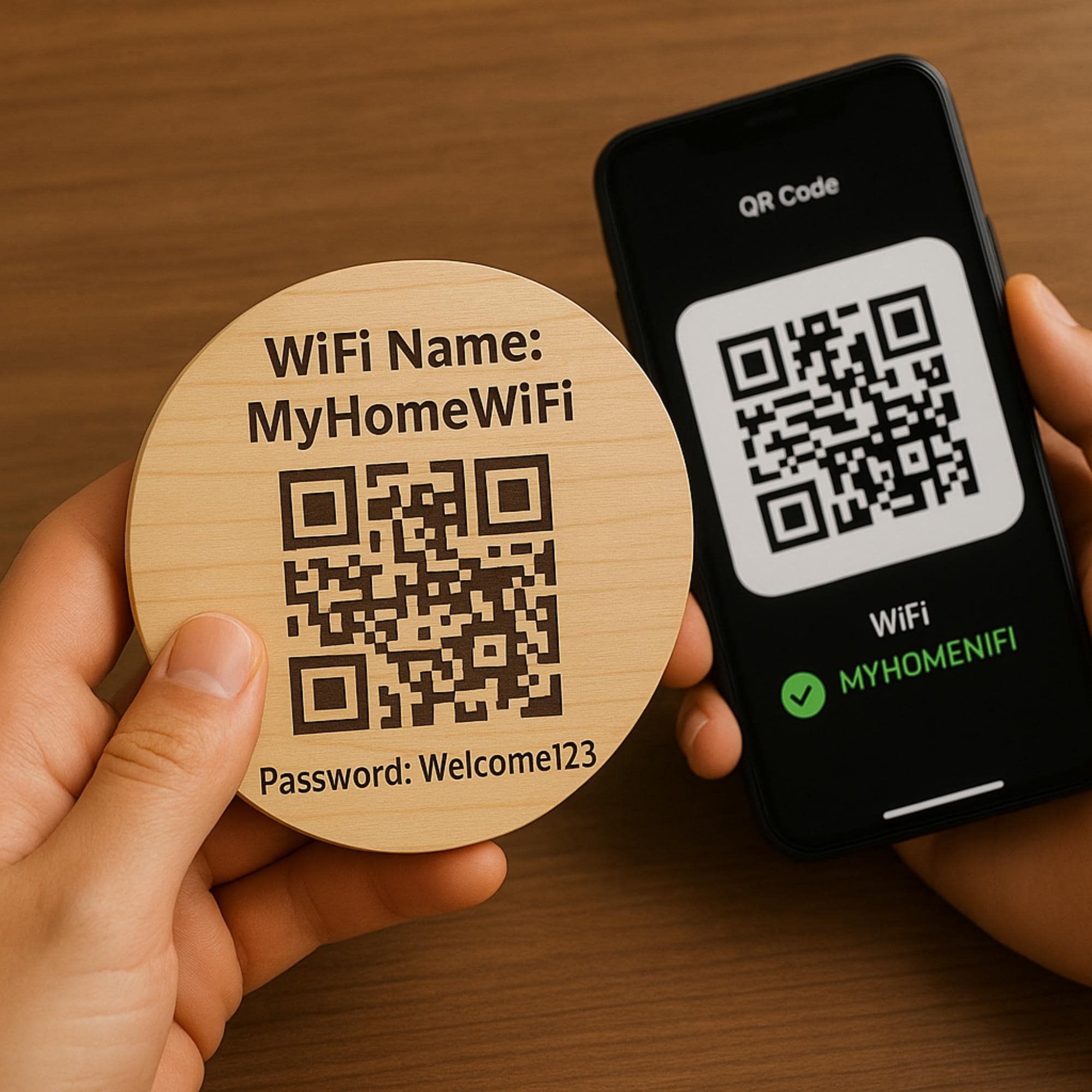 Custom Engraved Wood WiFi QR Code Coaster – Scan to Connect