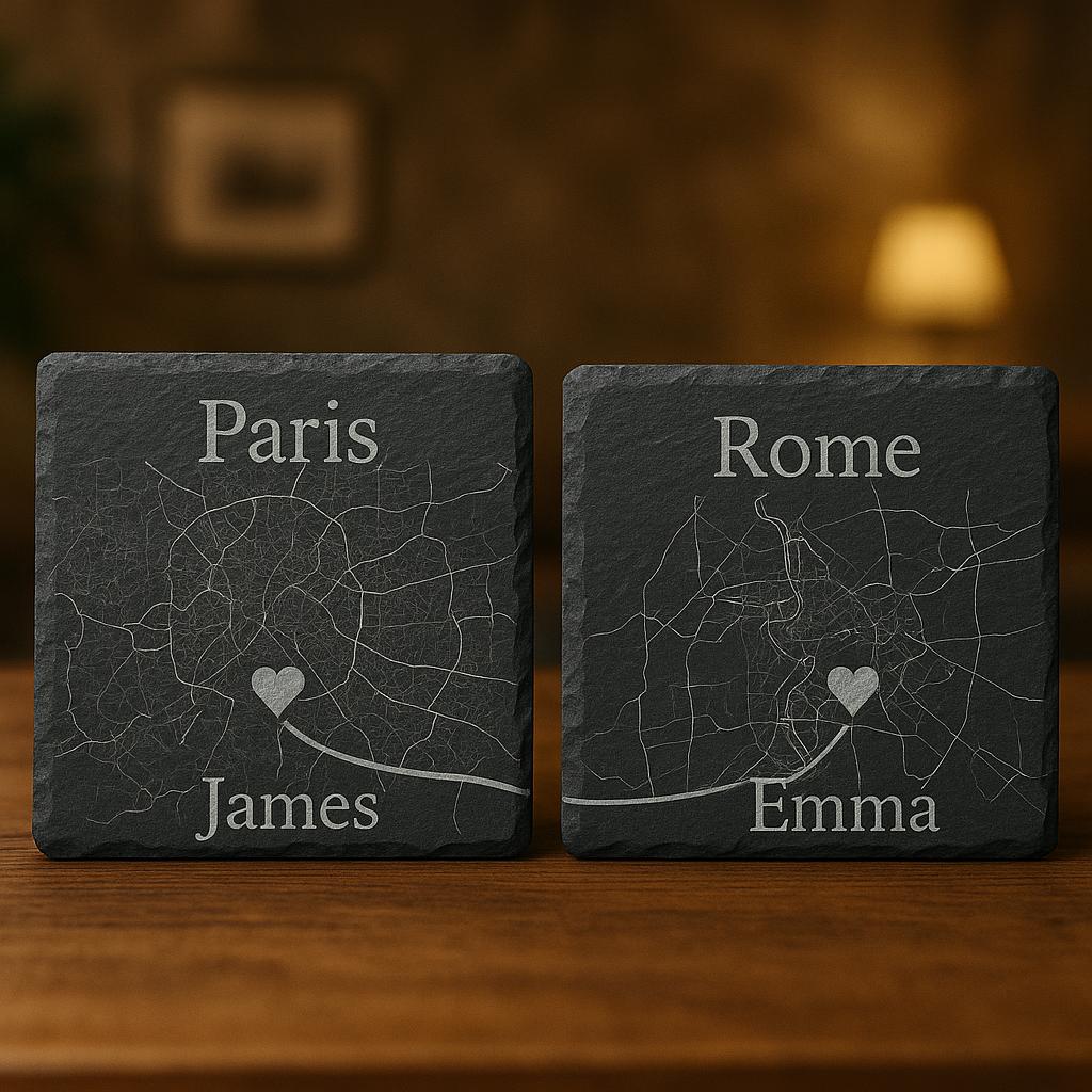 Custom Engraved City Map Slate Coasters, Personalized Anniversary Gift