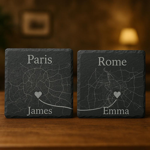 Custom Engraved City Map Slate Coasters, Personalized Anniversary Gift