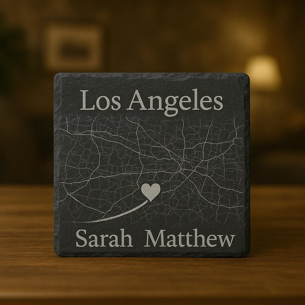 Custom Engraved City Map Slate Coasters, Personalized Anniversary Gift