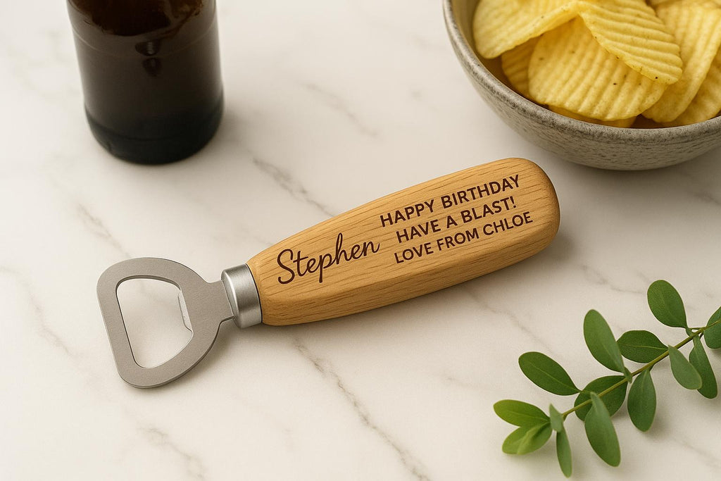 Personalized Wooden Bottle Opener – Custom Engraved Bar Tool Gift