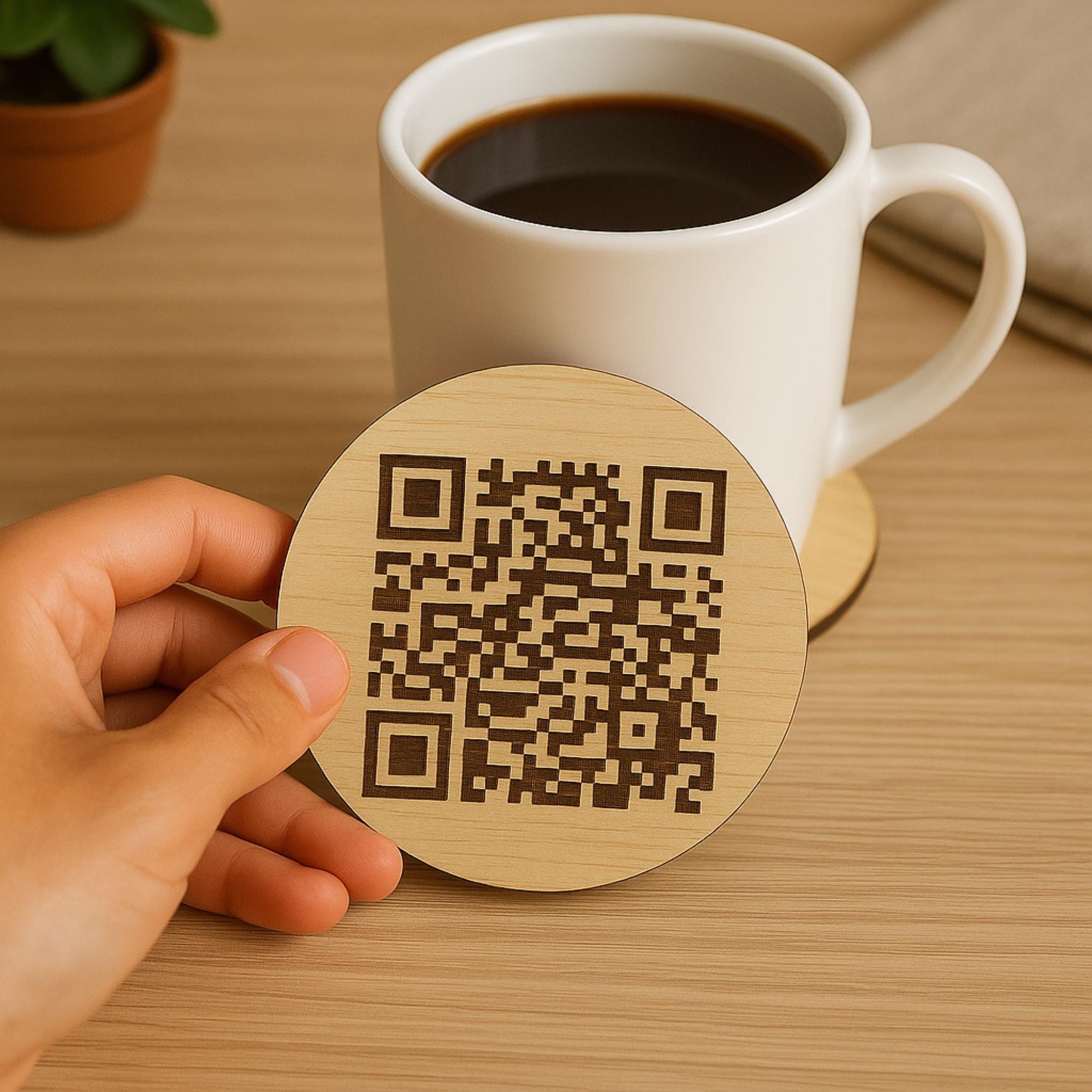 Custom Engraved Wood WiFi QR Code Coaster – Scan to Connect