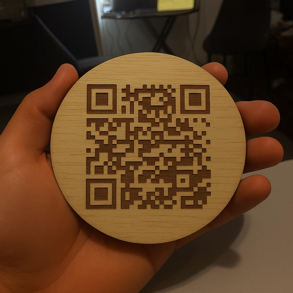Custom Engraved Wood WiFi QR Code Coaster – Scan to Connect