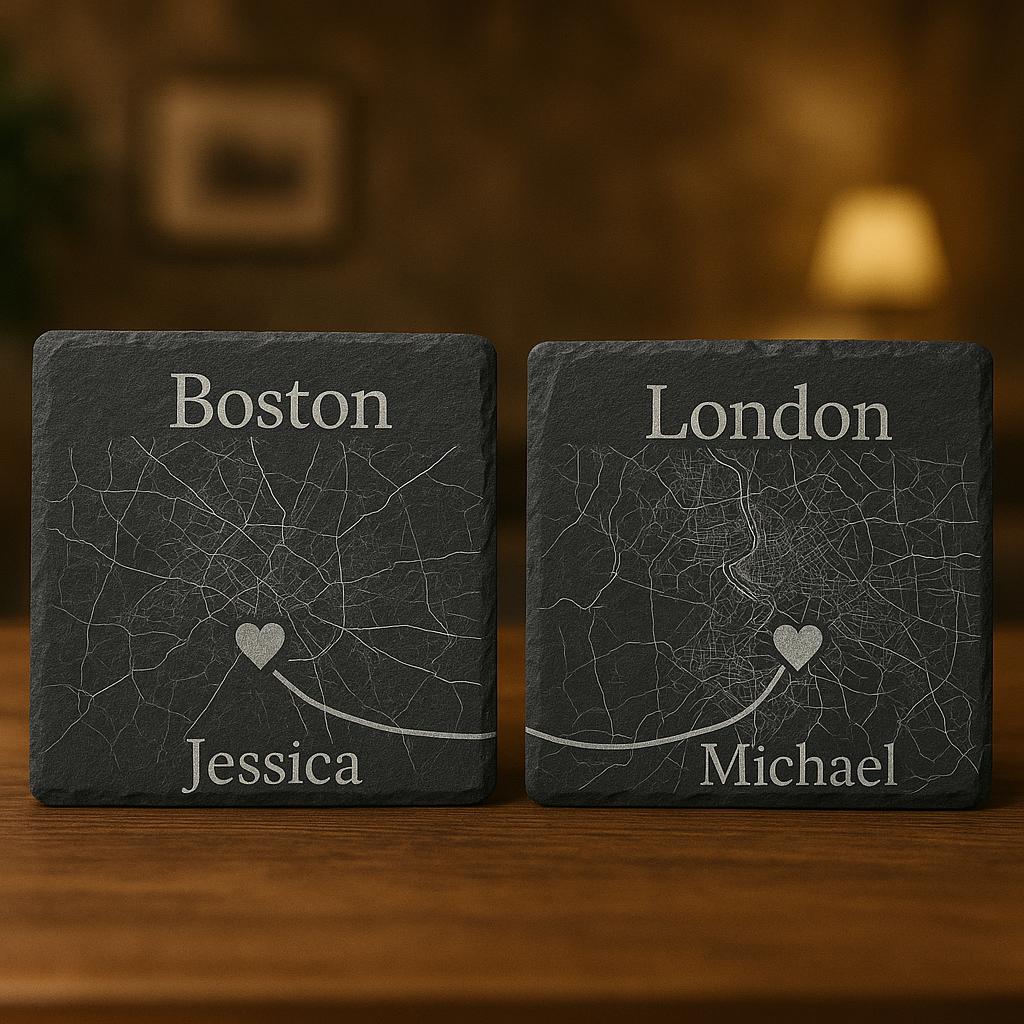 Custom Engraved City Map Slate Coasters, Personalized Anniversary Gift