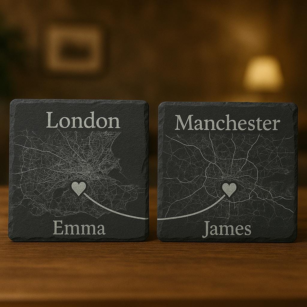 Custom Engraved City Map Slate Coasters, Personalized Anniversary Gift