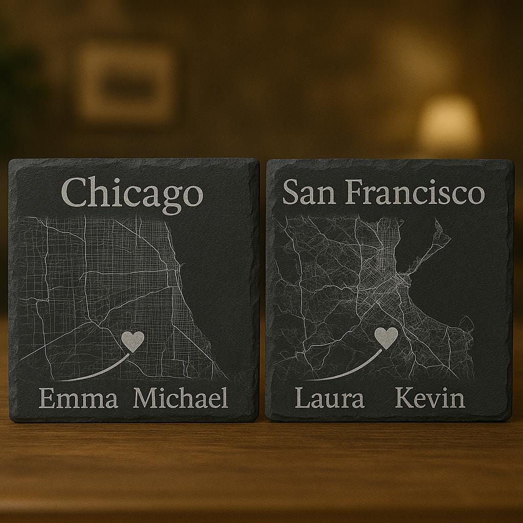 Custom Engraved City Map Slate Coasters, Personalized Anniversary Gift