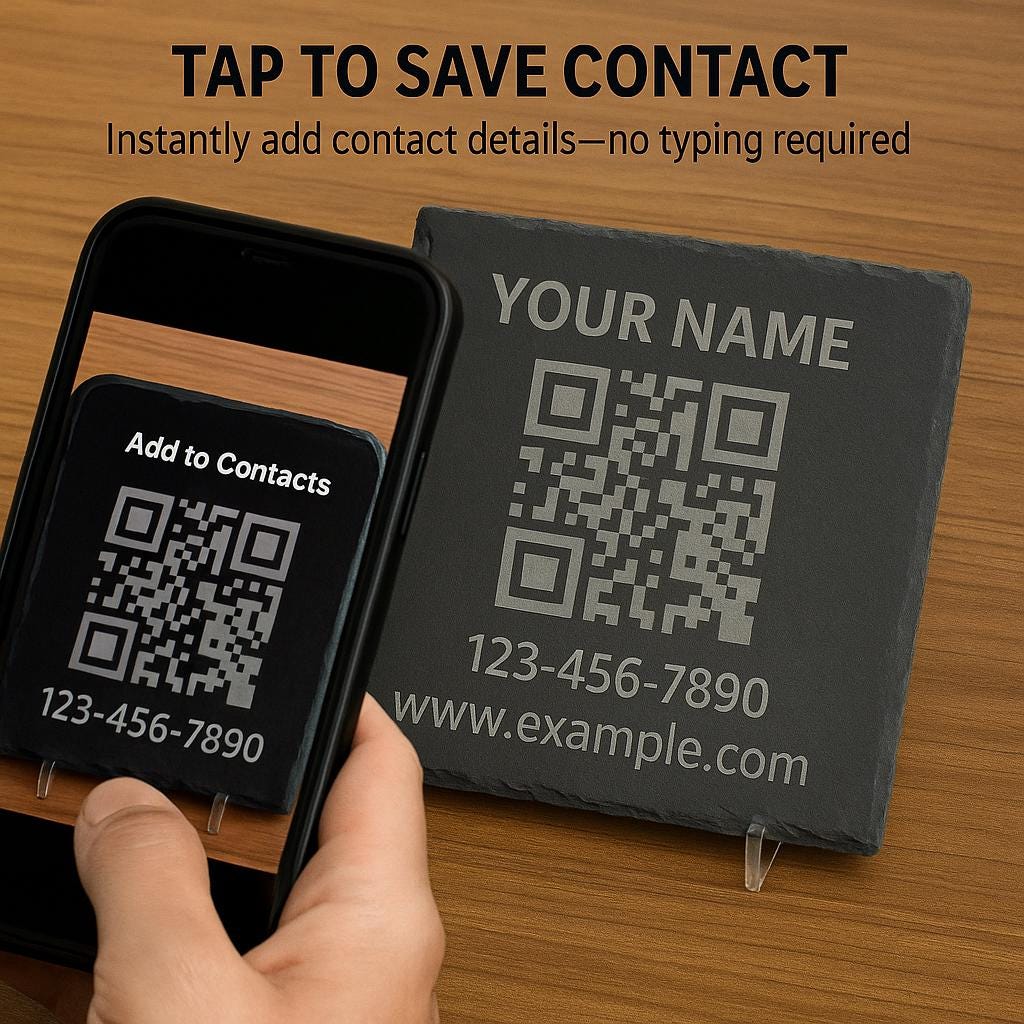 Custom Contact QR Code Slate Coaster – Personalized Engraved Networking Gift for Professionals & Business Owners