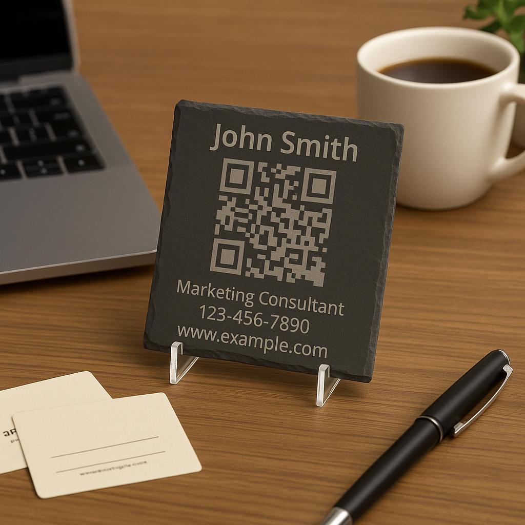 Custom Contact QR Code Slate Coaster – Personalized Engraved Networking Gift for Professionals & Business Owners