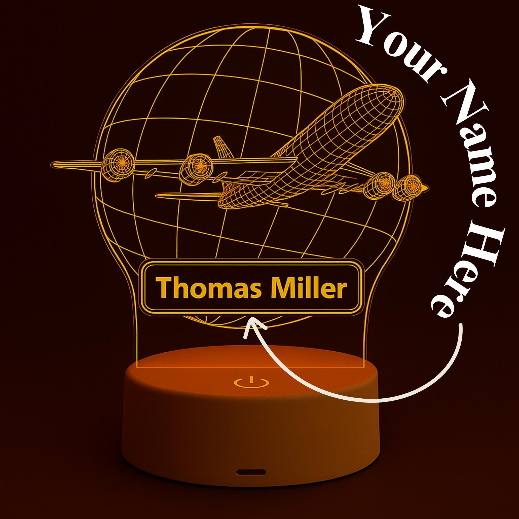 Personalized Airplane LED Night Light: Custom Engraved Acrylic Desk Lamp