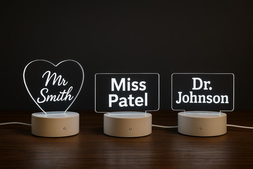 Custom LED Desk Name Plate: Engraved Acrylic Teacher Sign