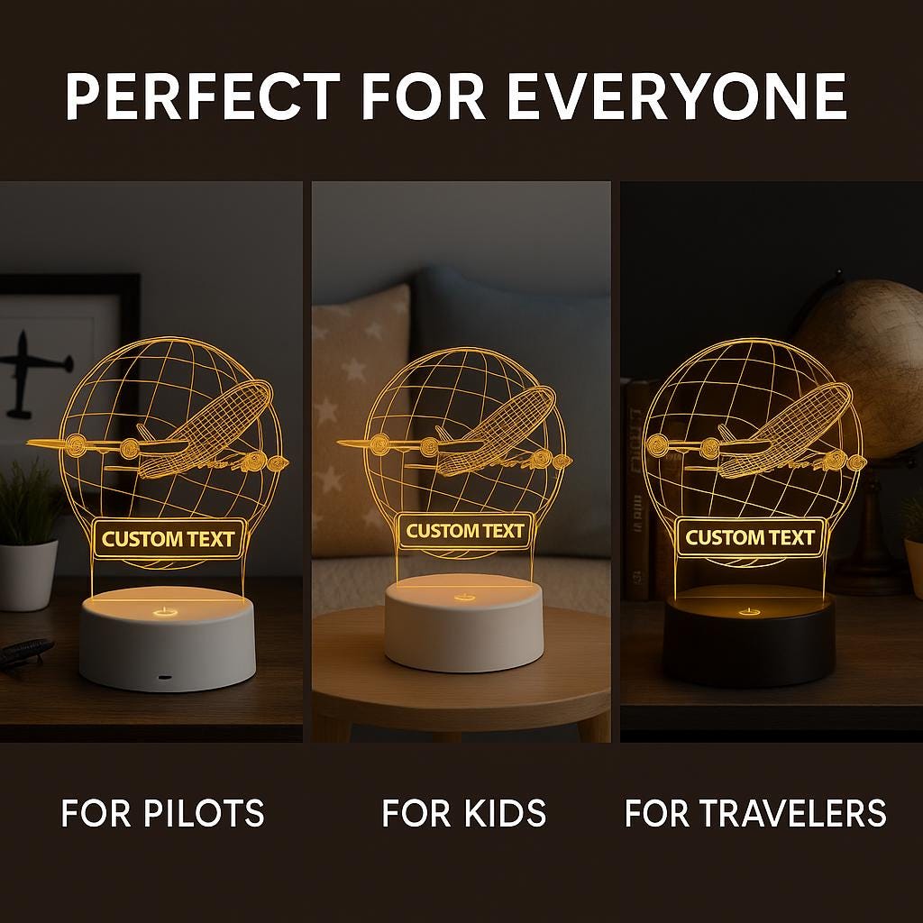 Personalized Airplane LED Night Light: Custom Engraved Acrylic Desk Lamp
