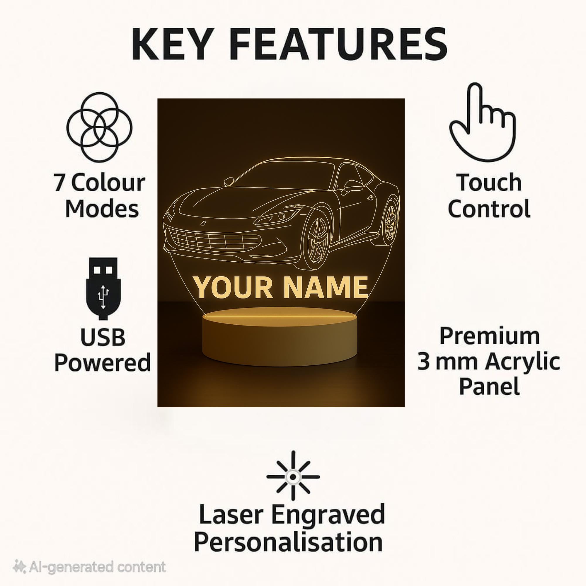 Personalized Ferrari LED Lamp: Custom Name Racing Car Night Light