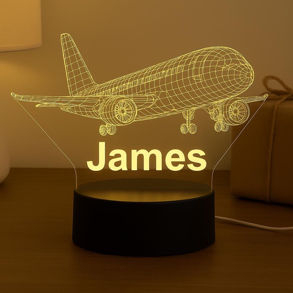 Custom Airplane Wireframe Night Light – Personalized LED Lamp with Name, Aviation Decor