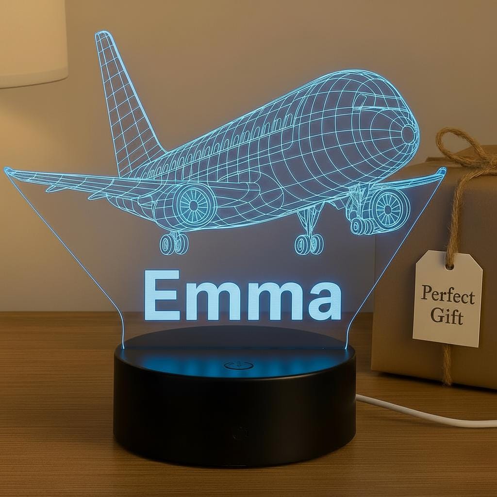 Custom Airplane Wireframe Night Light – Personalized LED Lamp with Name, Aviation Decor