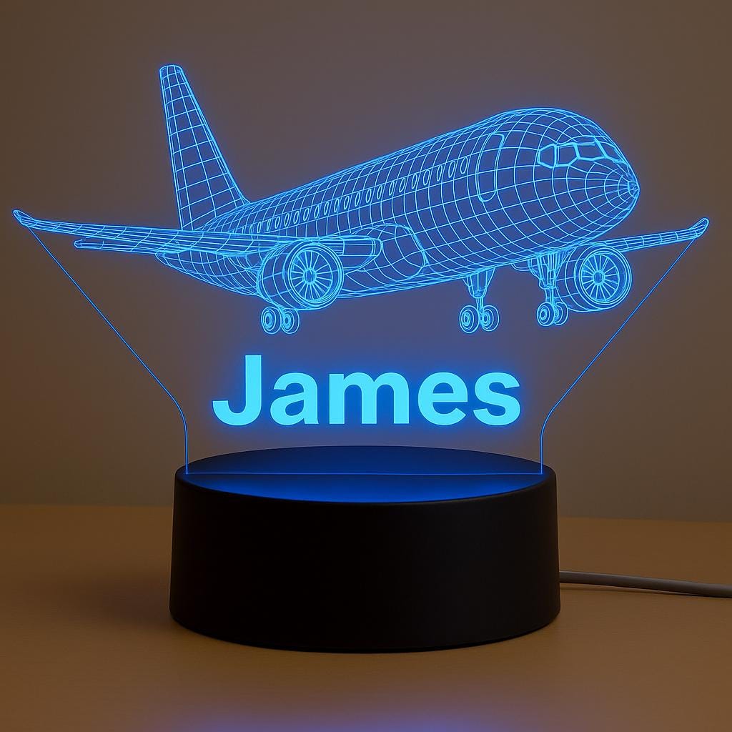 Custom Airplane Wireframe Night Light – Personalized LED Lamp with Name, Aviation Decor