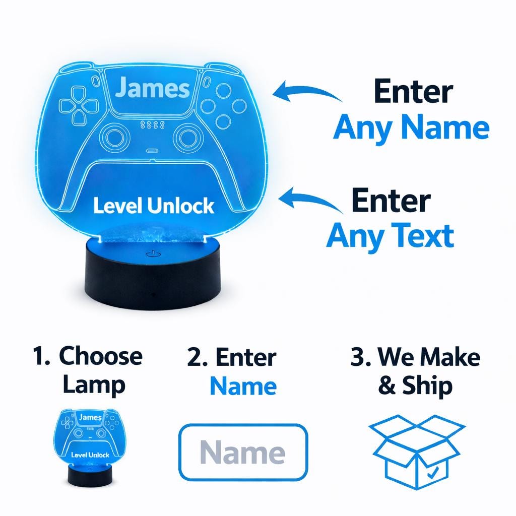 Personalised Gaming Controller LED Night Light | Custom Name & Text Gamer Lamp | Kids and Teen Bedroom Decor | Gamer Gift for Boys