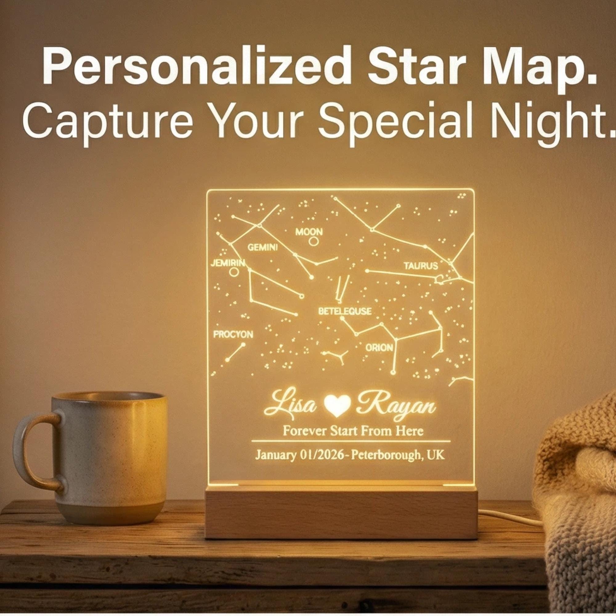 Custom Star Map Night Light – Engraved Acrylic Constellation Lamp (UK Made)
