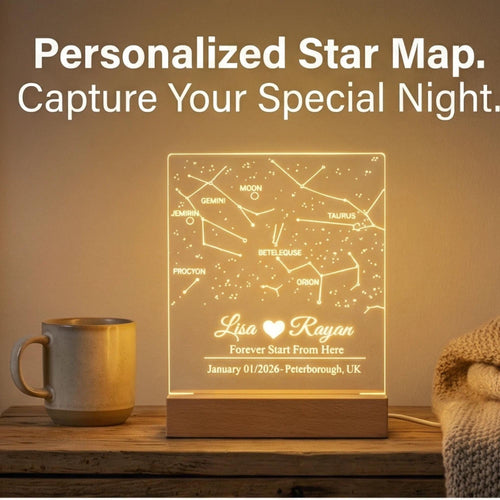 Custom Star Map Night Light – Engraved Acrylic Constellation Lamp (UK Made)