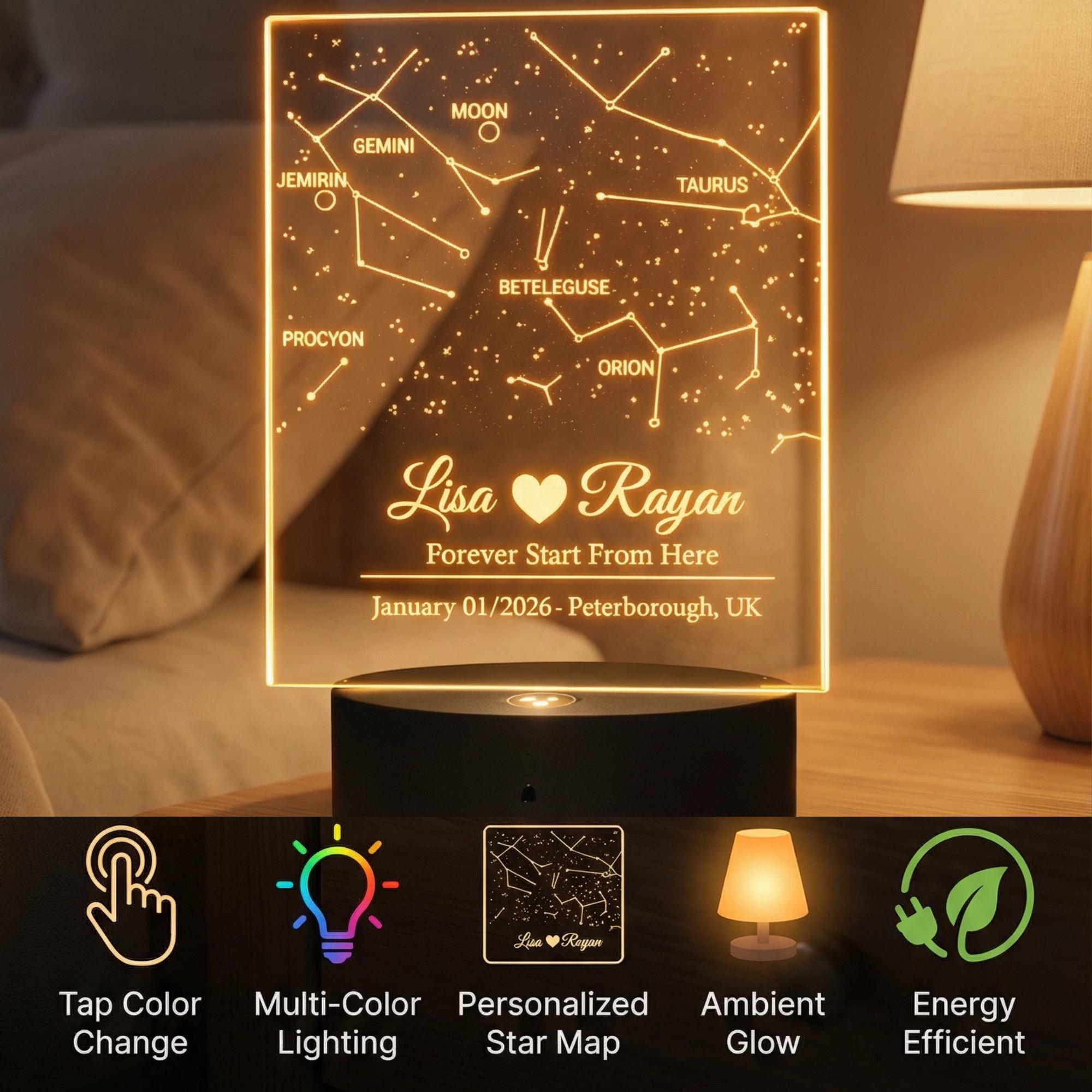 Custom Star Map Night Light – Engraved Acrylic Constellation Lamp (UK Made)