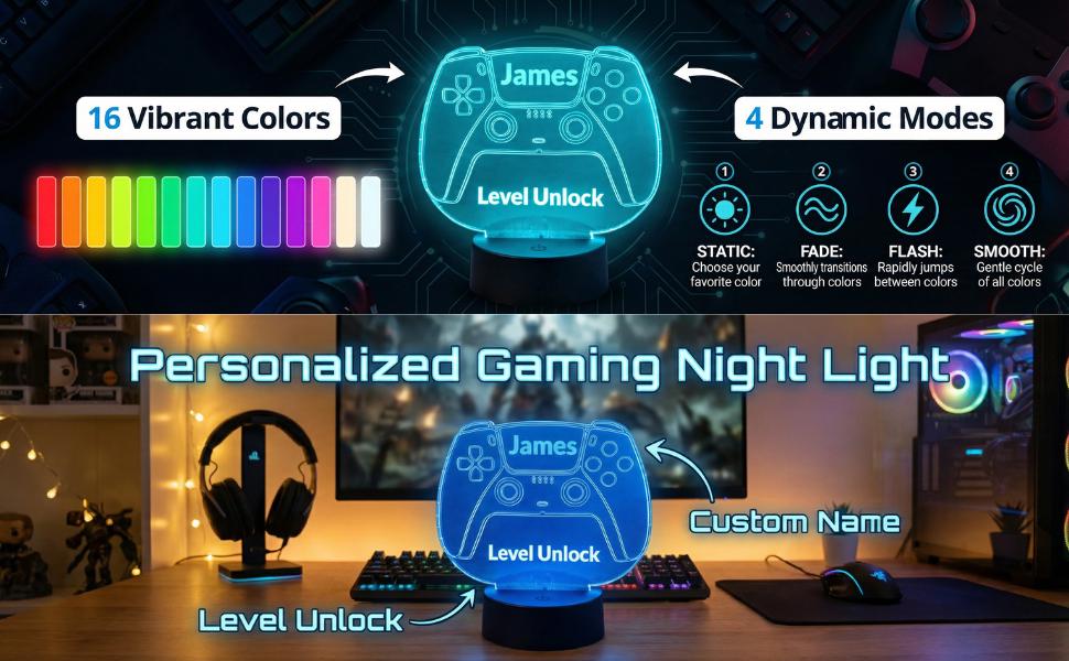 Personalised Gaming Controller LED Night Light | Custom Name & Text Gamer Lamp | Kids and Teen Bedroom Decor | Gamer Gift for Boys