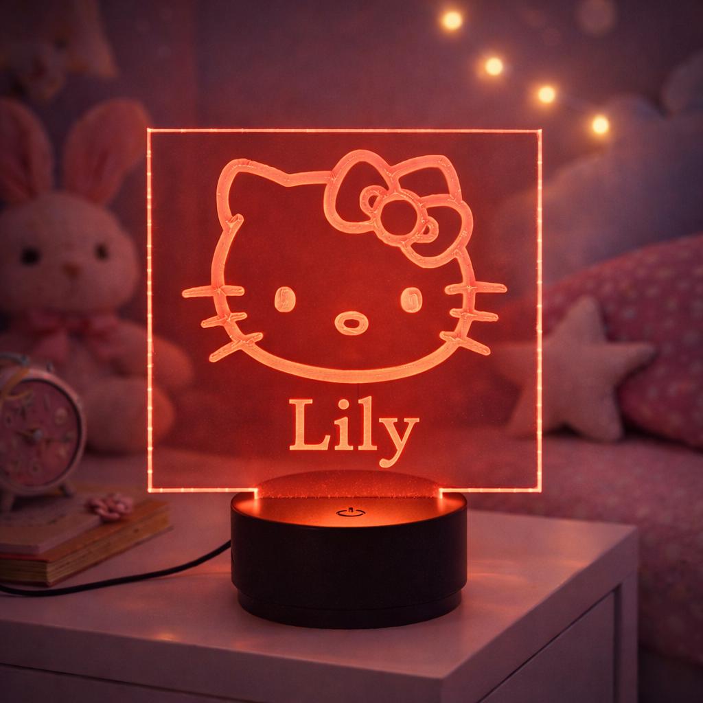 Personalized Kawaii Cat Night Light | 3D Illusion LED Lamp, Nursery Decor