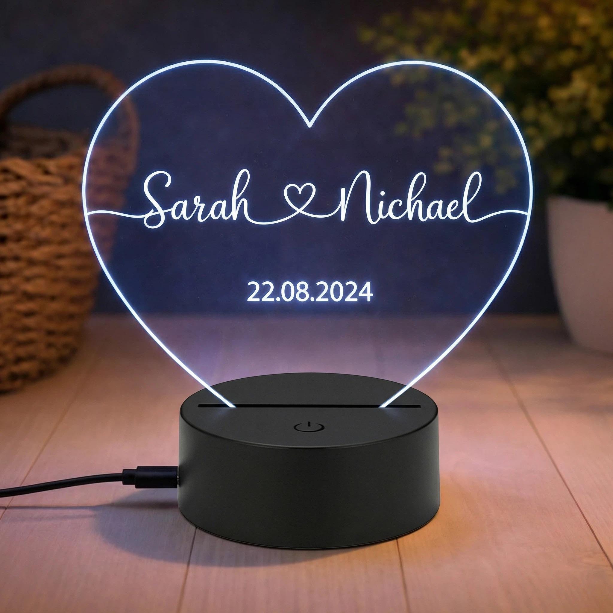 Personalized Heart LED Night Light, Custom Names Date Keepsake, Romantic Couple Gift