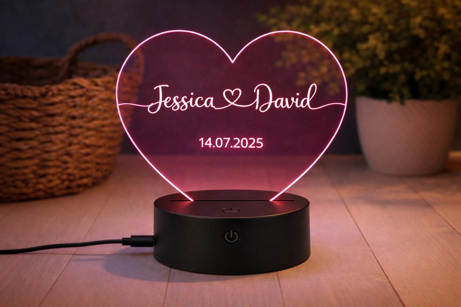 Personalized Heart LED Night Light, Custom Names Date Keepsake, Romantic Couple Gift