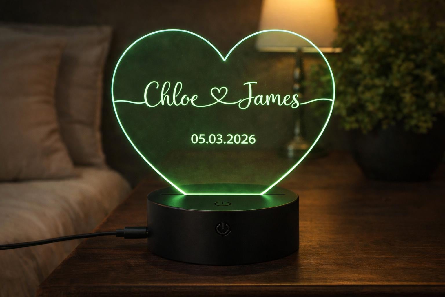Personalized Heart LED Night Light, Custom Names Date Keepsake, Romantic Couple Gift