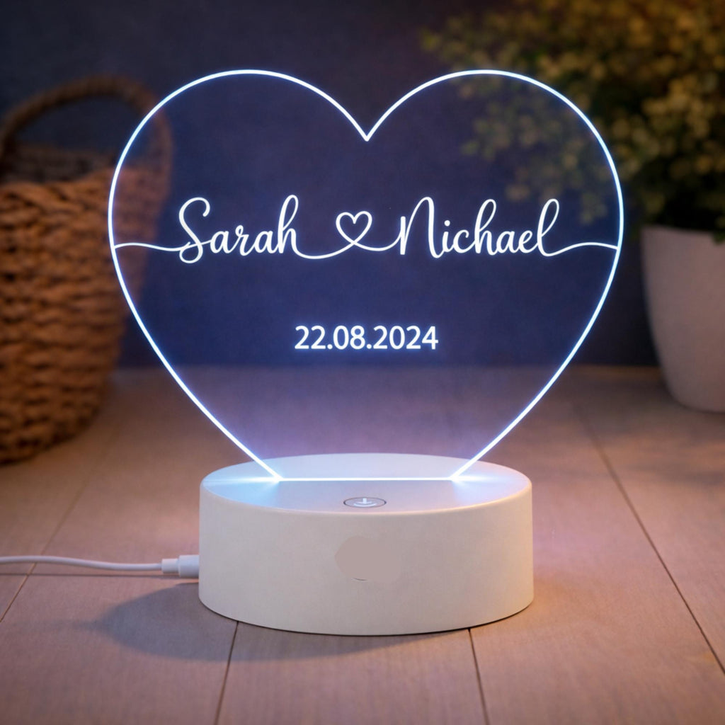 Personalized Heart LED Night Light, Custom Names Date Keepsake, Romantic Couple Gift