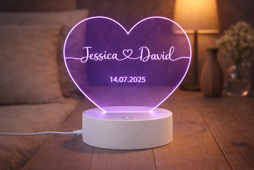 Personalized Heart LED Night Light, Custom Names Date Keepsake, Romantic Couple Gift