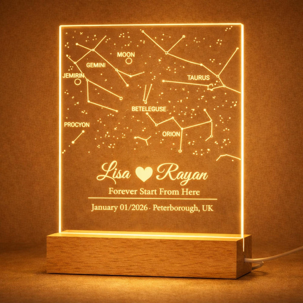 Custom Star Map Night Light – Engraved Acrylic Constellation Lamp (UK Made)