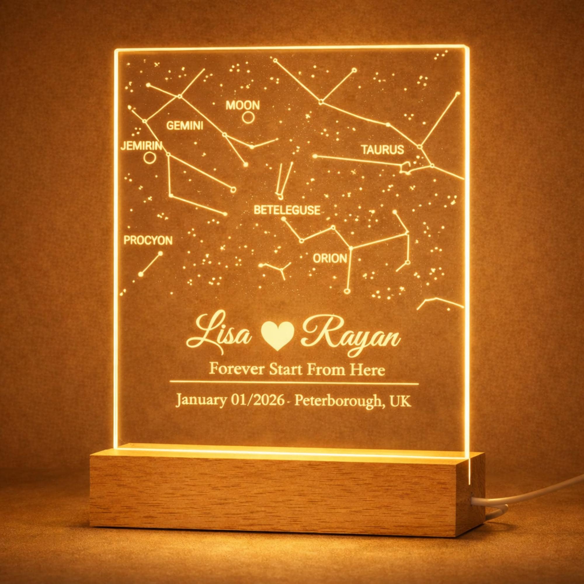 Custom Star Map Night Light – Engraved Acrylic Constellation Lamp (UK Made)