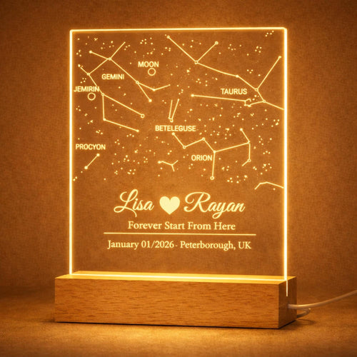 Custom Star Map Night Light – Engraved Acrylic Constellation Lamp (UK Made)