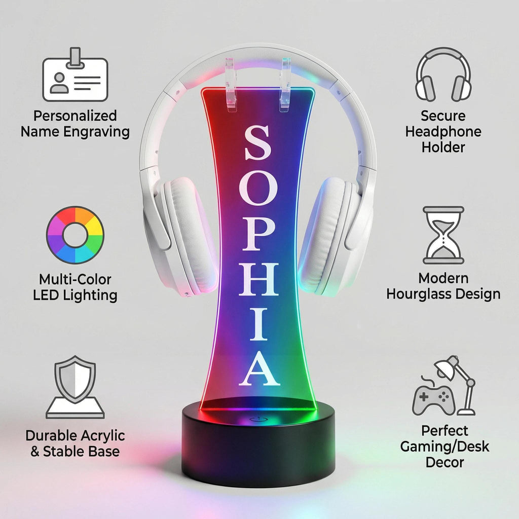 Custom Engraved LED Headphone Stand, RGB Gamer Desk Setup, Acrylic Headset Holder