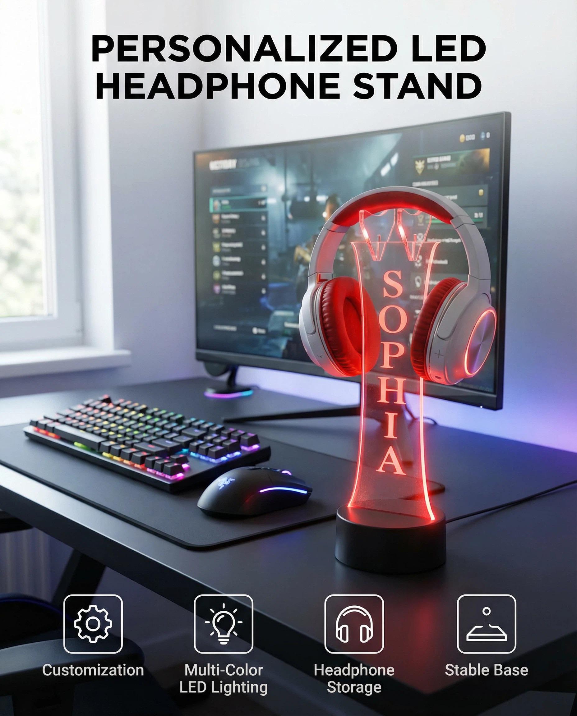 Custom Engraved LED Headphone Stand, RGB Gamer Desk Setup, Acrylic Headset Holder