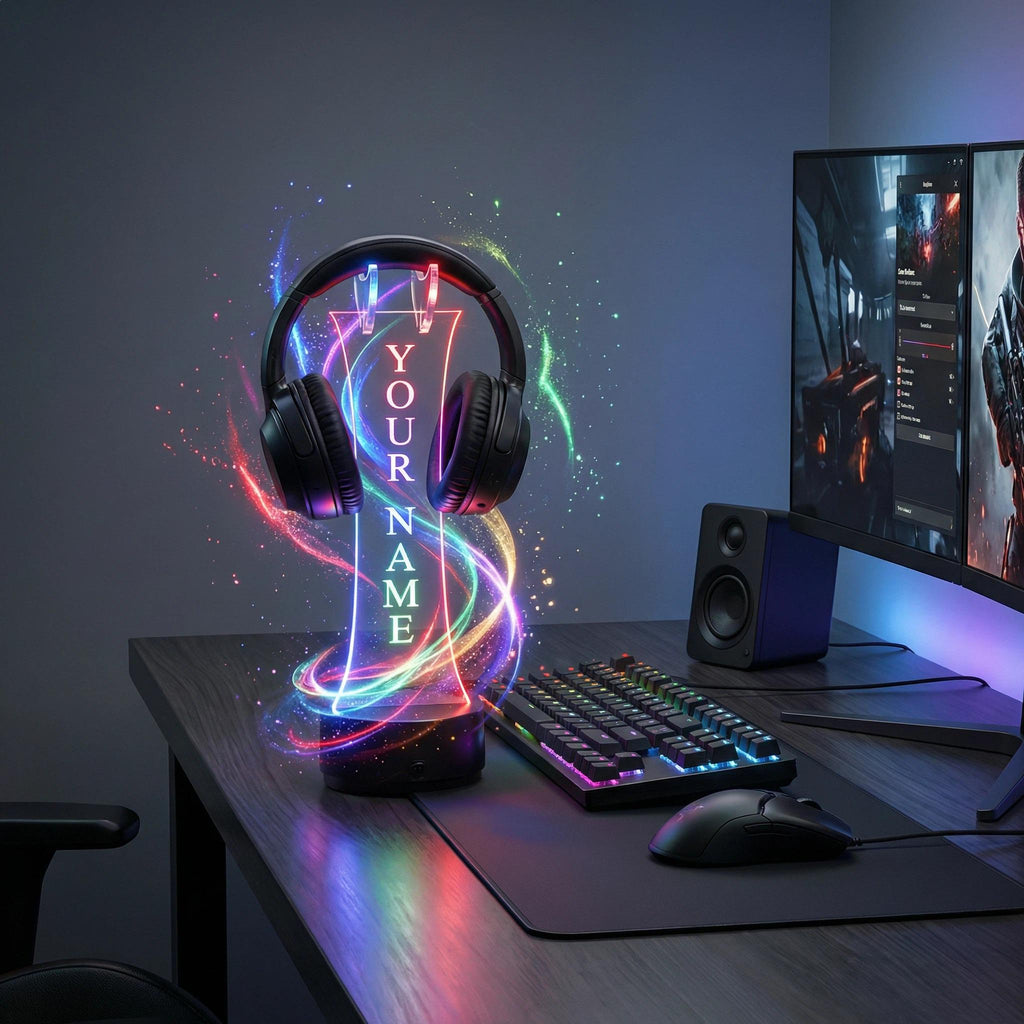 Custom Engraved LED Headphone Stand, RGB Gamer Desk Setup, Acrylic Headset Holder