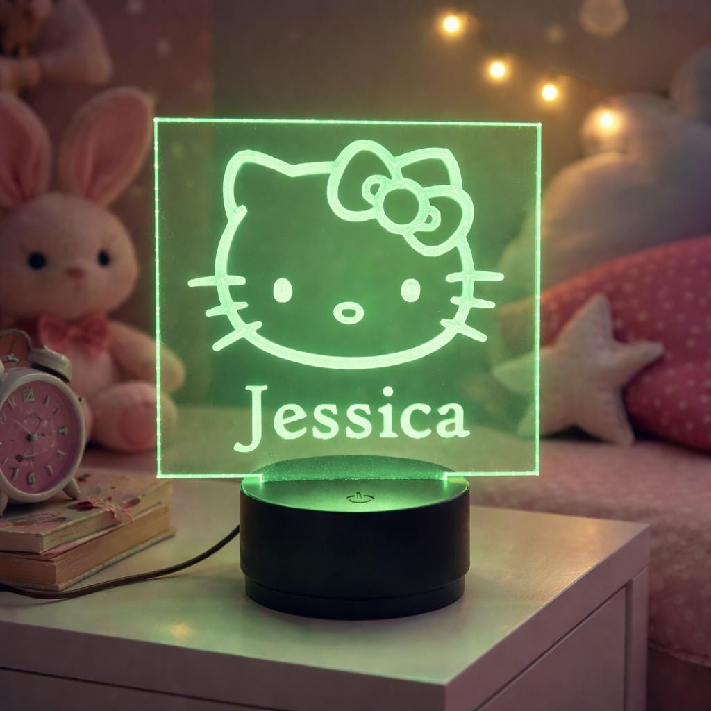 Personalized Kawaii Cat Night Light | 3D Illusion LED Lamp, Nursery Decor